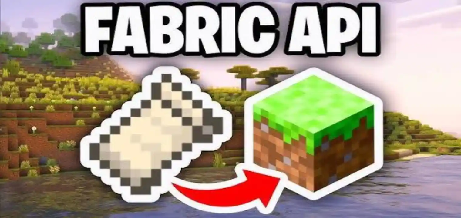Fabric API icon linked to a Minecraft grass block with an arrow