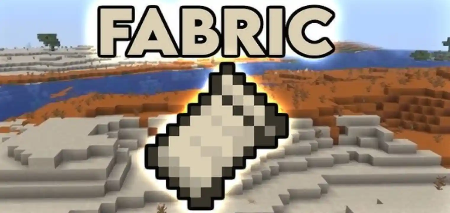 Fabric artwork showing the Fabric item icon over a Minecraft landscape